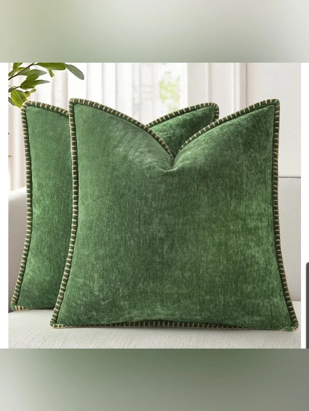 Plush Green Velvet Accent Pillow Covers with Contrast Whipstitch 18x18